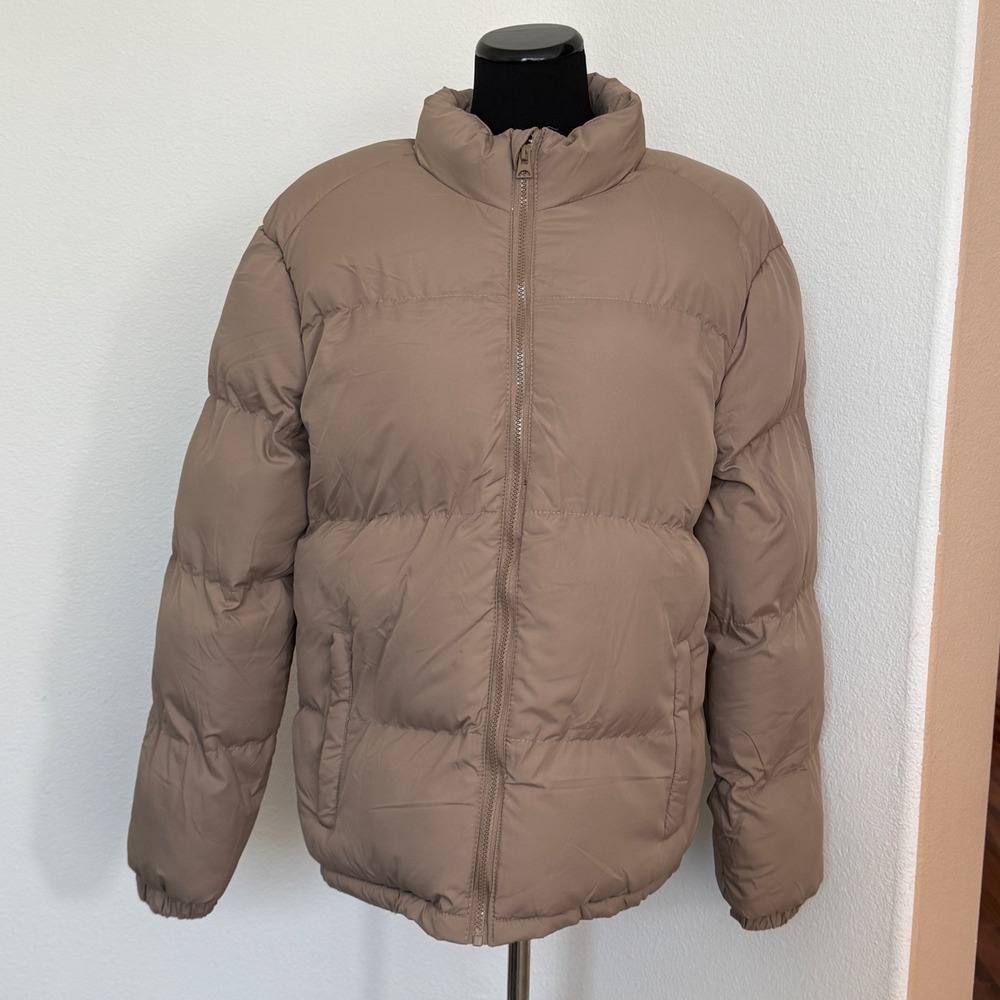 BoohooMAN‎ Mens Puffer Jacket Winter Coat Beige Full Zip Padded Size Large